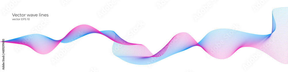 Poster Vector wave dynamic music lines. Blue-violet abstract lines. Sound waves on a white background for your design. Vector EPS 10