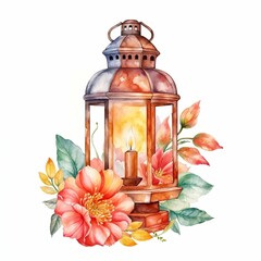 Warm Candlelight in Copper Lantern with Watercolor Florals Cozy Atmosphere Illustration

