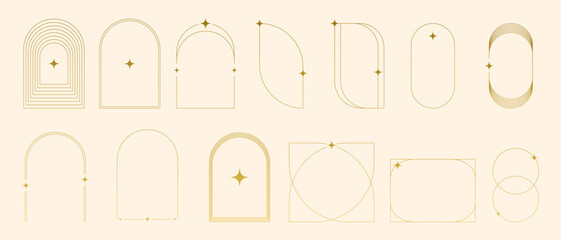 Modern minimalist aesthetic linear frames. Retro stars, starburst icons and minimalist frames and borders with twinkle star. Vector trendy icons and symbol. EPS 10