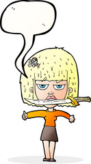 cartoon woman with knife between teeth with speech bubble