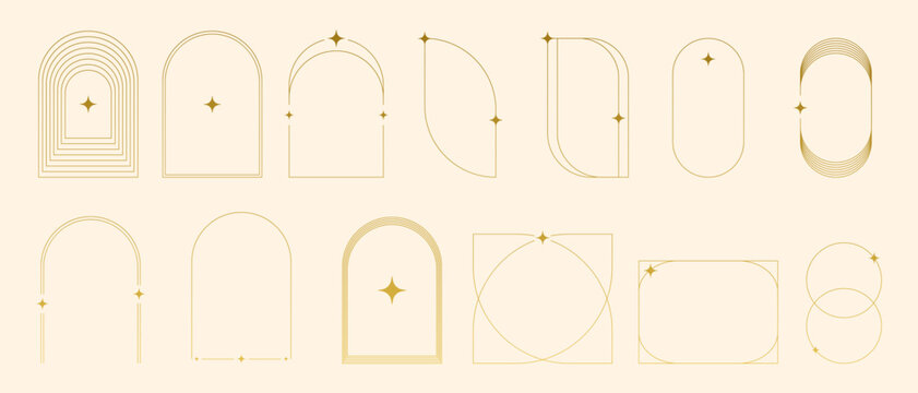 Modern minimalist aesthetic linear frames. Retro stars, starburst icons and minimalist frames and borders with twinkle star. Vector trendy icons and symbol. EPS 10