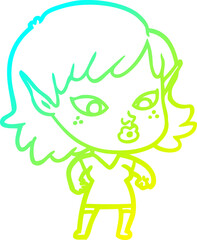 cold gradient line drawing of a pretty cartoon elf girl