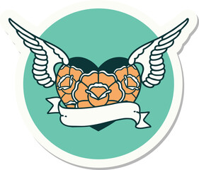 sticker of tattoo in traditional style of a flying heart with flowers and banner