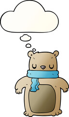 cartoon bear with scarf with thought bubble in smooth gradient style
