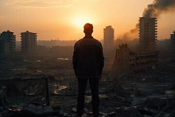 A man in a jacket stands in a city destroyed by war or a disaster at dawn, a view from the back
