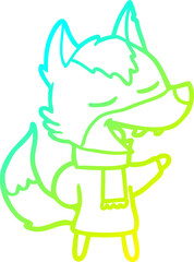 cold gradient line drawing of a cartoon wolf in scarf laughing