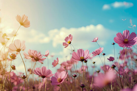 Vintage landscape nature background of beautiful cosmos flower field on sky with sunlight in spring. vintage color tone filter effect
