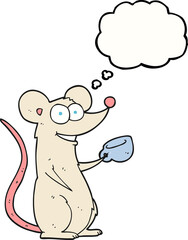 freehand drawn thought bubble cartoon mouse with cup of tea