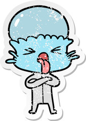 distressed sticker of a disgusted cartoon alien