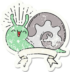 worn old sticker of a tattoo style happy snail