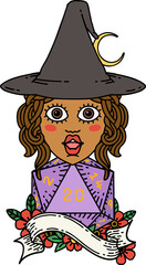 Retro Tattoo Style human mage with natural 20 D20 dice roll