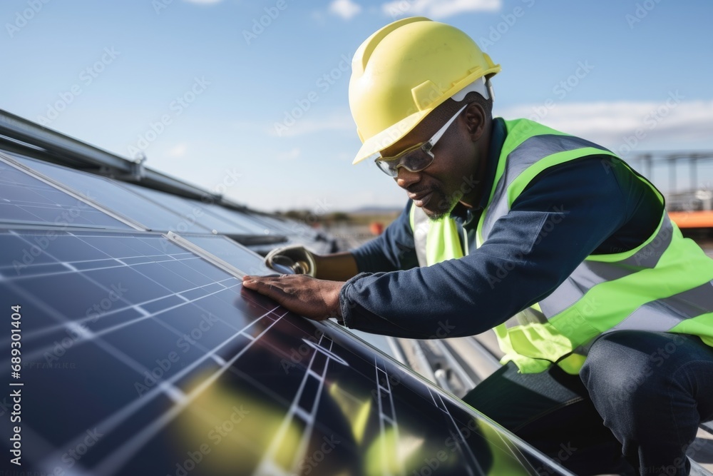 Poster a man in a hard hat and safety vest is seen working on a solar panel. this image can be used to depi