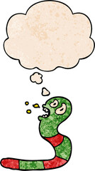 cartoon frightened worm with thought bubble in grunge texture style