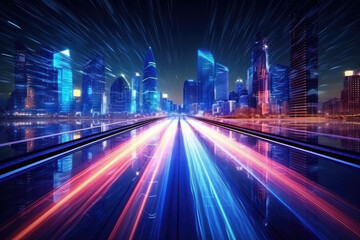 Fototapeta na wymiar Speed light trails path through smart modern mega city and skyscrapers town with neon futuristic technology background, future virtual reality, motion effect, high speed light