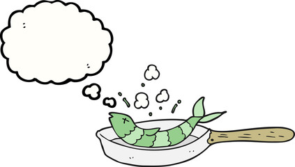 freehand drawn thought bubble cartoon frying fish