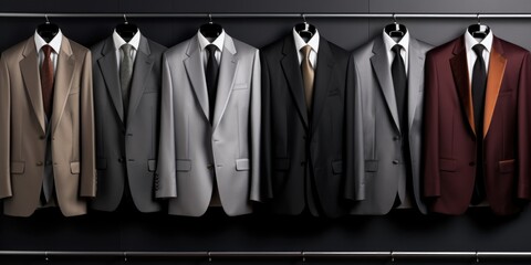 A row of men's suits hanging on a rack.