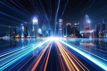 Obraz premium Speed light trails path through smart modern mega city and skyscrapers town with neon futuristic technology background, future virtual reality, motion effect, high speed light