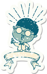 worn old sticker of a tattoo style man with genius idea