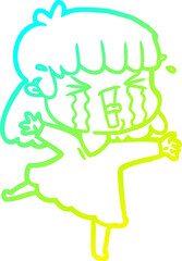cold gradient line drawing of a cartoon woman in tears