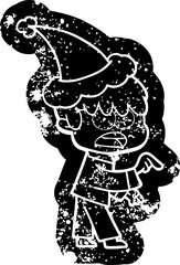 worried quirky cartoon distressed icon of a boy wearing santa hat