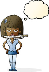 Obraz na płótnie Canvas cartoon woman with knife between teeth with thought bubble