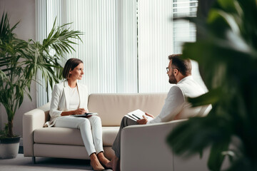 A man and a woman, a psychologist and a patient are conducting a psychotherapy session in a cozy office. - obrazy, fototapety, plakaty