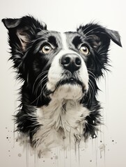 A painting of a black and white dog.