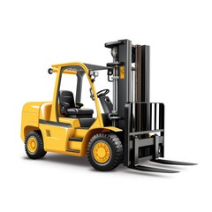 A yellow forklift truck is parked on a white surface.