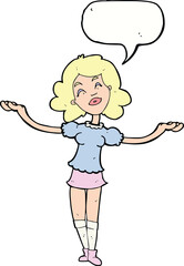 cartoon woman taking praise with speech bubble