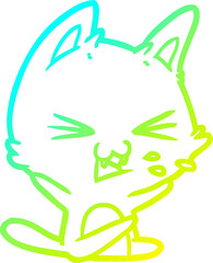 cold gradient line drawing of a cartoon cat hissing