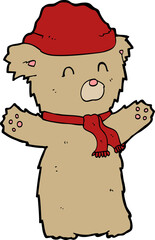 cartoon teddy bear in hat and scarf