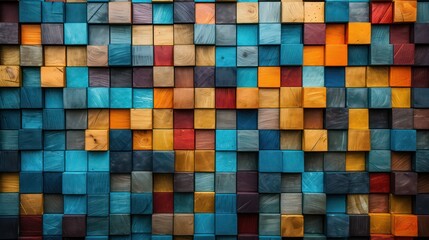 Fototapeta premium Colorful block stack Wood-aged background, art architecture texture abstract block stack on the wall for background
