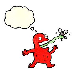 cartoon frog catching fly with thought bubble
