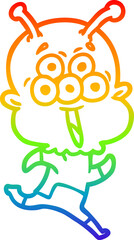 rainbow gradient line drawing of a happy cartoon alien running