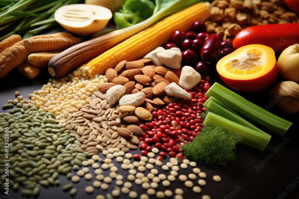 Poster various types of food displayed on a table. ideal for use in food blogs, recipe websites, or restaur