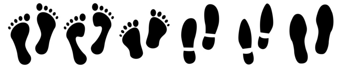Footprint icons. Various human footprints in black on an isolated background. Vector EPS 10