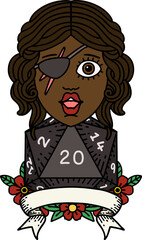 Retro Tattoo Style human rogue with natural 20 dice roll