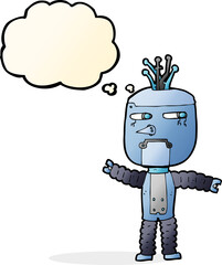 cartoon waving robot with thought bubble