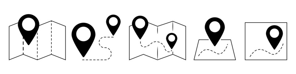 Map and location symbols set. Mapping icon. GPS cartography position. Geolocation map path distance. Map search, route, navigator . Vector EPS 10 - obrazy, fototapety, plakaty
