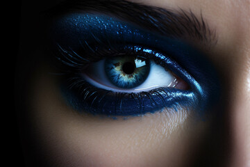 Fototapeta premium Fashion, style and make-up concept. Close-up beautiful woman with blue, shining and fancy eyeshadows make-up portrait. Dark and sensual mood and background