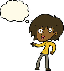 cartoon surprised woman pointing with thought bubble