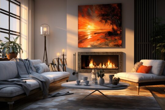 Modern living room interior design with fireplace. 3d render illustration, A cozy living room with a fireplace and a coffee table, AI generative image, AI Generated