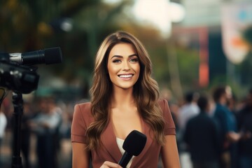 Portrait of a beautiful young woman with microphone on the street, a female TV reporter presenting the news outdoors, AI Generated