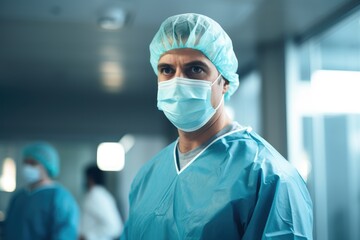 Portrait of surgeon in operating room at hospital. Surgeon at work in operating room, A focused doctor in scrubs and mask stands in an operating room, AI Generated