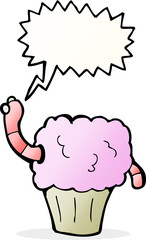 cartoon worm in cupcake with speech bubble