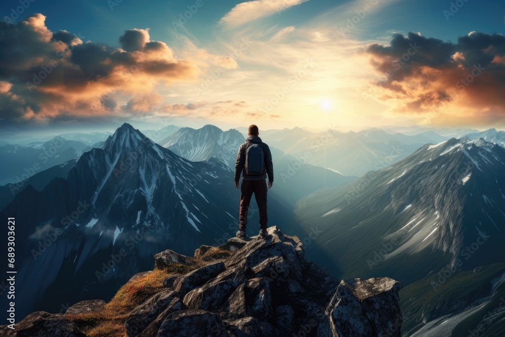 Canvas Prints Man standing on top of the mountain and looking into the distance, A lonely man enjoys the view of the summer mountains while he standing on a mountain peak, AI Generated