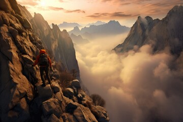 Hiker in the mountains at sunrise. Climbing in the mountains, Concert crowd in front of bright stage lights. 3D Rendering, A live event, such as a concert or halftime show, AI Generated - obrazy, fototapety, plakaty