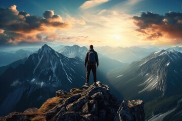Man standing on top of the mountain and looking into the distance, A lonely man enjoys the view of the summer mountains while he standing on a mountain peak, AI Generated - Powered by Adobe