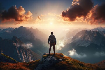 Hiker standing on top of a mountain and looking at the sunset, A lonely man enjoys the view of the...