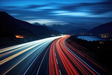 highway with car light trails in modern city at night. long exposure, A long exposure photo of a highway at night, AI Generated - Powered by Adobe